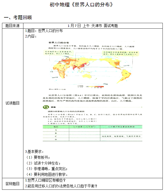 初中地理教师资格证面试真题及答案：世界人口的分布1