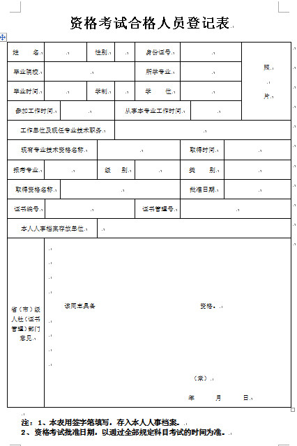 辽宁资格考试合格人员登记表