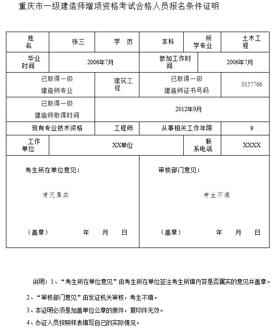 重庆市一级建造师增项资格考试合格人员报名条件证明