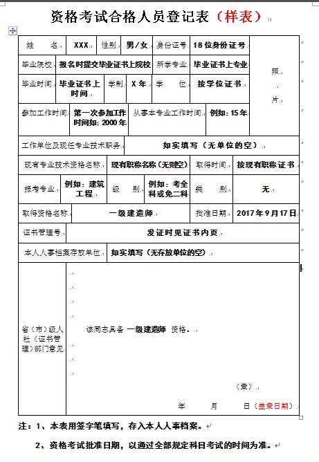 2017年辽宁一建资格考试合格人员登记表样本：