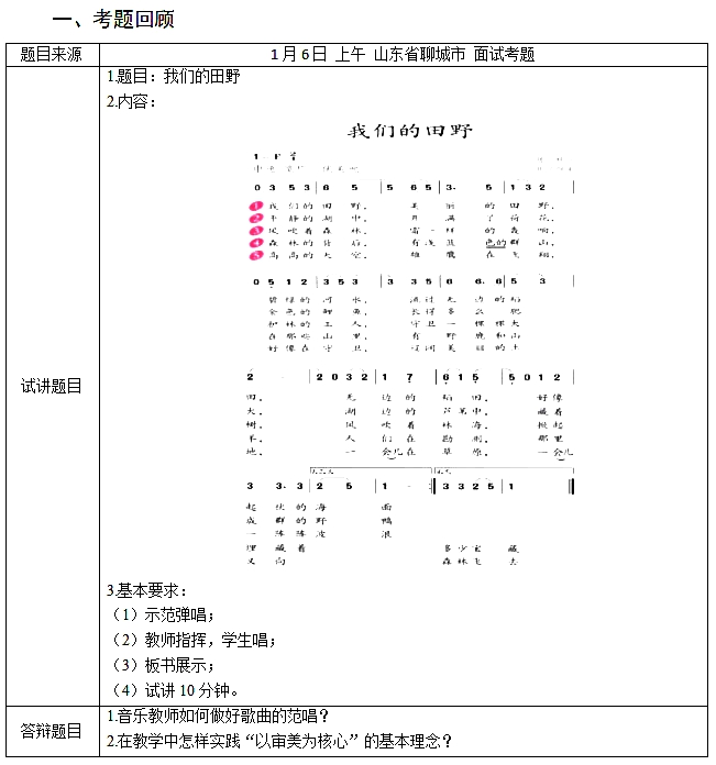 2017下半年教师资格证面试真题及答案：小学音乐《我们的田野》