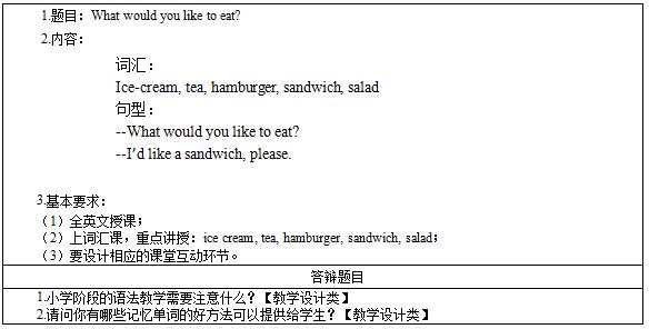 2016下半年小学英语教师资格证面试真题：《What would you like to eat?》考题回顾