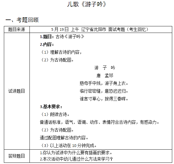 2018上半年幼儿教师资格证面试试讲真题（第一批）儿歌游子吟