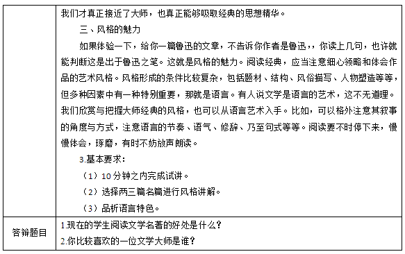 2018上半年高中语文教师资格面试真题及答案：《走近文学大师》考题回顾2