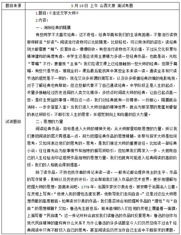 2018上半年高中语文教师资格面试真题及答案：《走近文学大师》考题回顾1