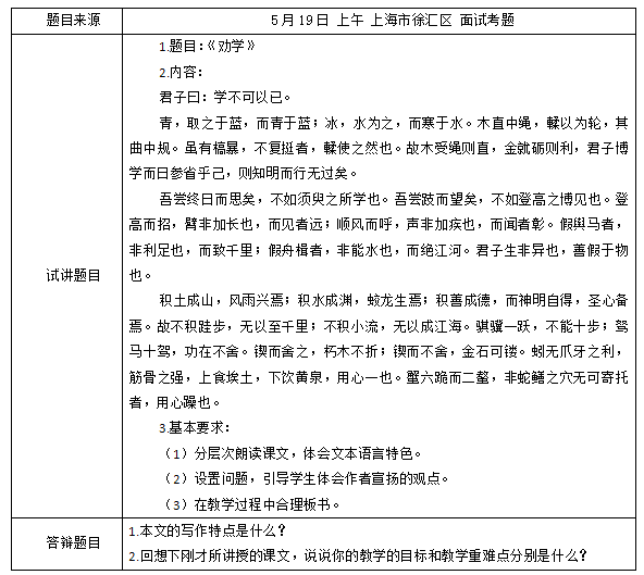 2018上半年高中语文教师资格证面试真题及答案：《劝学》考题回顾