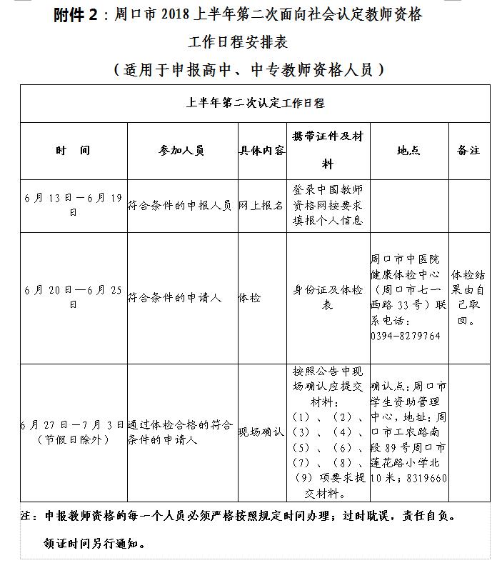 周口市2018上半年第二次教师资格认定工作日程表