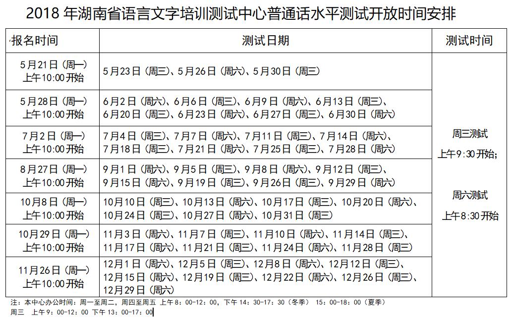 2018年下半年湖南普通话测试时间安排表