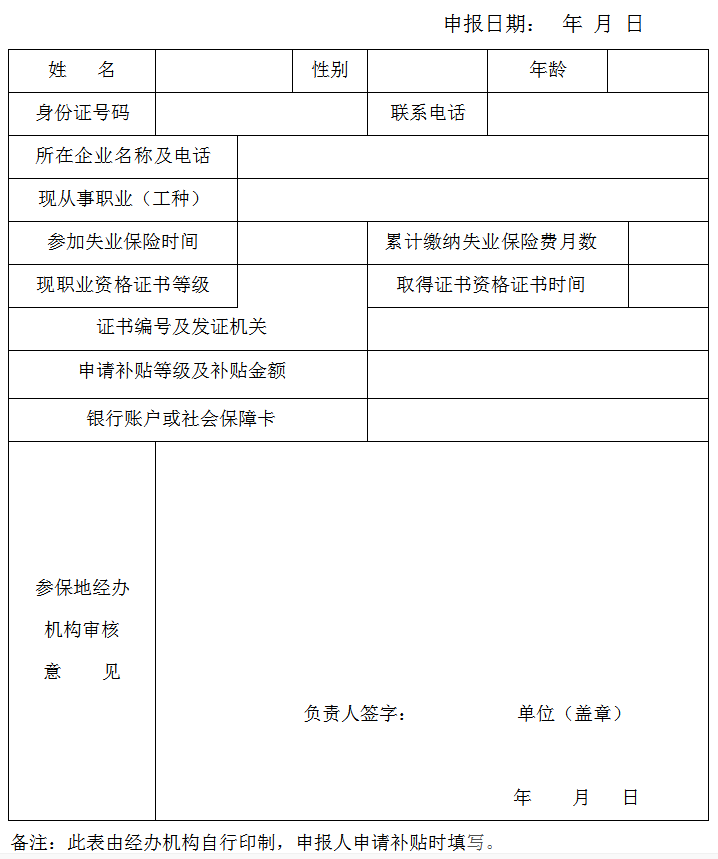 宁夏失业保险支持企业职工技能提升培训补贴申请表