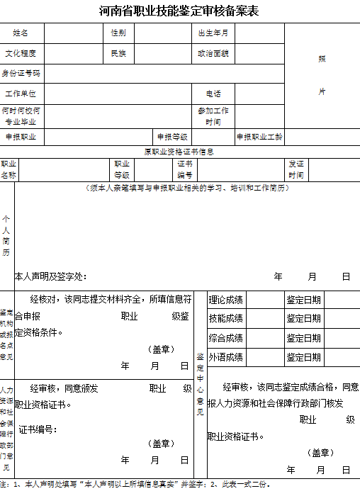 河南省职业技能鉴定审核备案表