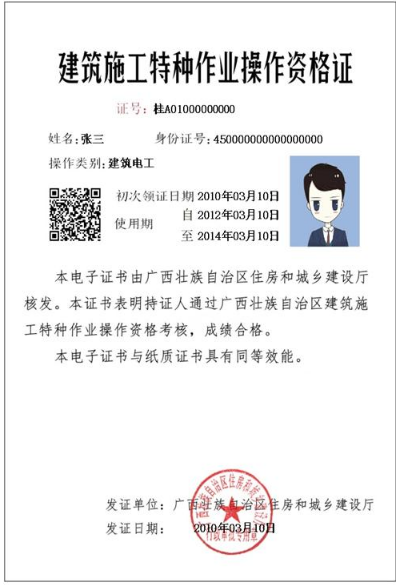 建筑施工特种作业操作资格证电子证书样式