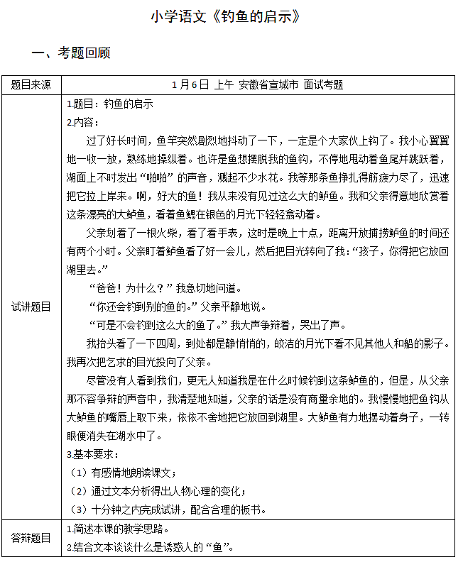 小学语文教师资格证面试真题及答案：钓鱼的启示