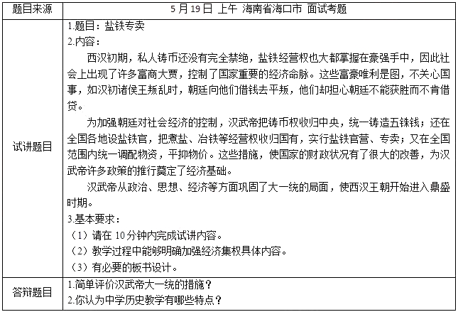 初中历史教师资格证面试真题及答案：盐铁专卖
